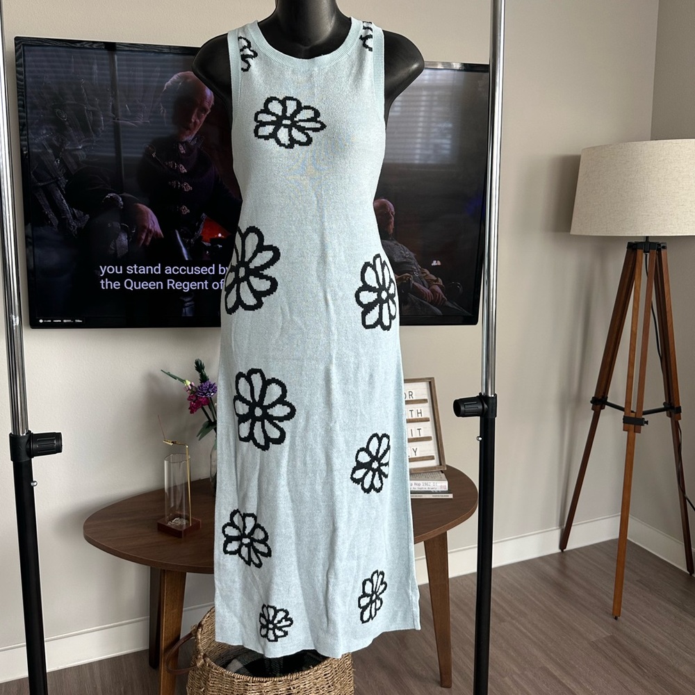 Wild Fable Light Blue Dress with Black Floral Design